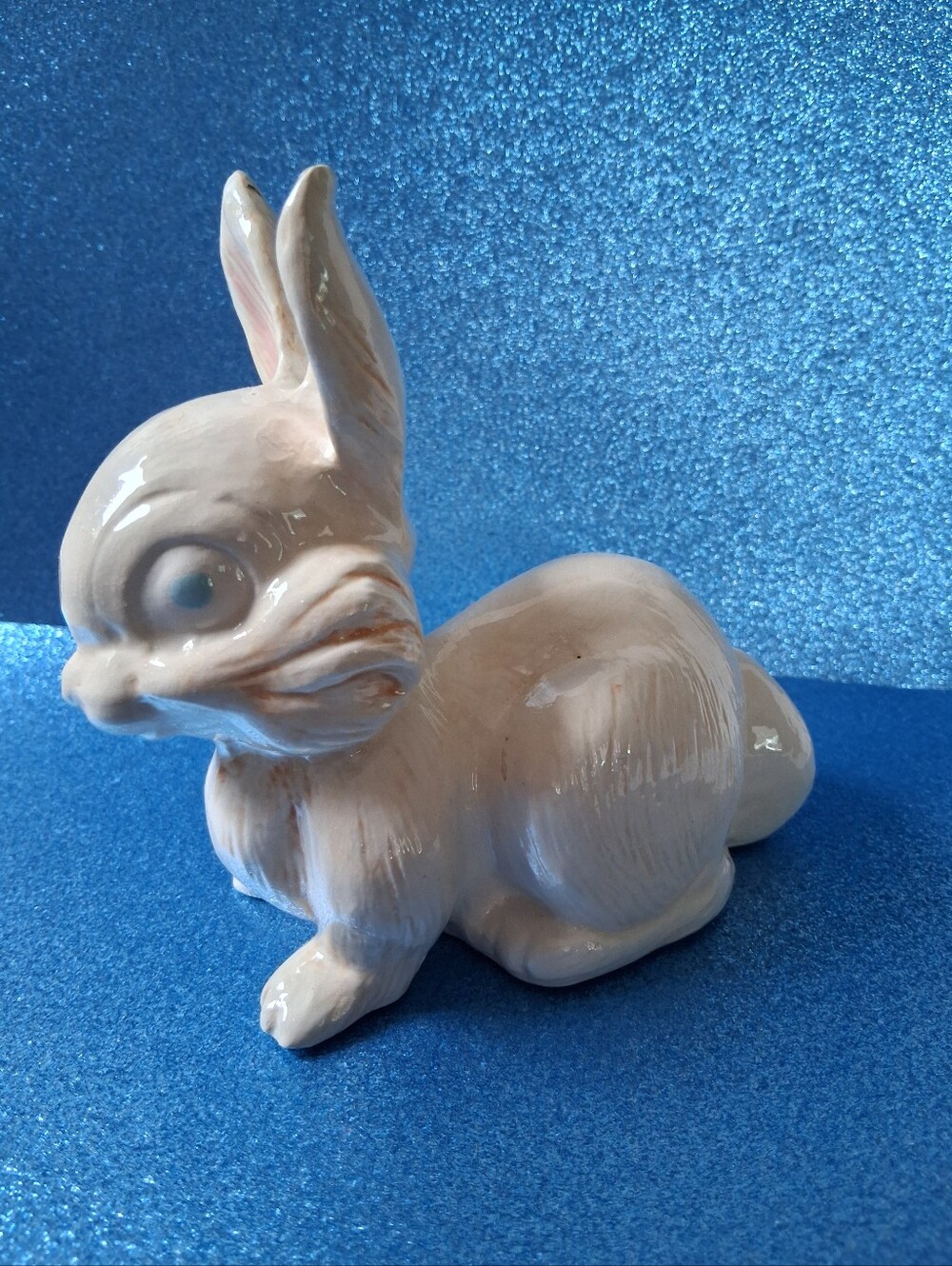 Vintage Ceramic Bunny Figurine White & Cream Color Gloss Finish Blue Eyed Rabbit
